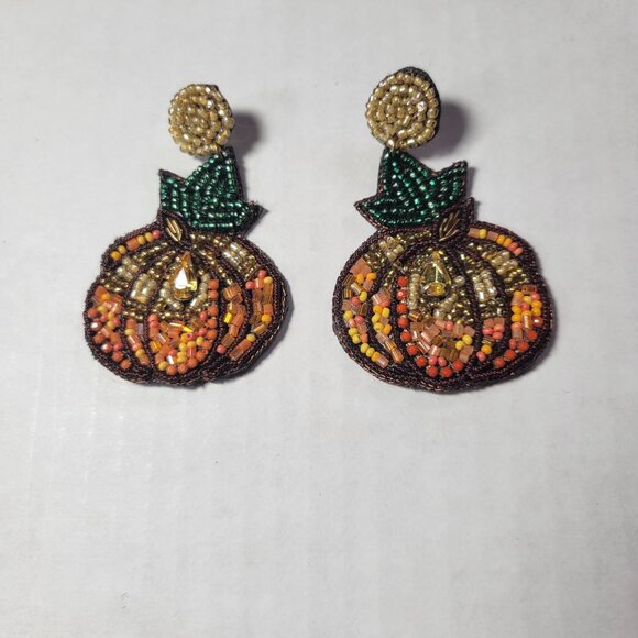 Handcrafted Beaded Pumpkin Statement Earrings Lightweight Festive Fall Jewelry - Picture 2 of 3